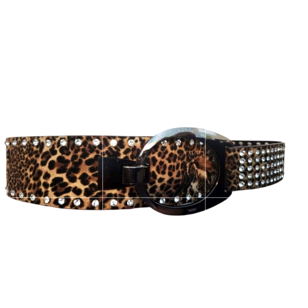 Leopard Print Belt GUNMETAL COLOR BUCKLE with Rhinestones 34"